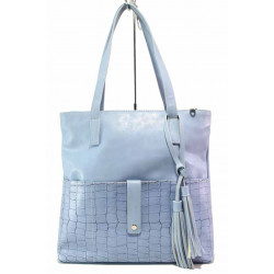 Класическа дамска чанта, еко-кожа с кроко мотив, външен джоб / Съни 999-4 син