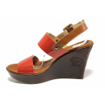 Български дамски сандали, актуален цвят, естествена кожа-лак, висока платформа / Ани 2394 червен