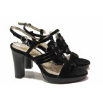 Стилен модел дамски сандали, стабилен висок ток, естествена кожа-лак и велур, катарама / Ани 42702 черен лак-велур