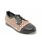Равни дамски обувки за лятото, естествена кожа с перфорация, връзки / Ани MARINA-02 пудра-черен
