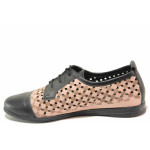 Равни дамски обувки за лятото, естествена кожа с перфорация, връзки / Ани MARINA-02 пудра-черен