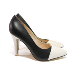 Стилни дамски обувки, заострен връх, облечен ток / Ани GH 189 черен-бял