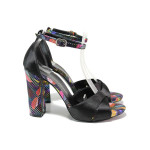 Елегантни дамски сандали, сатен, висок ток, цветен акцент / ФА 98 черен