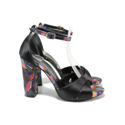 Елегантни дамски сандали, сатен, висок ток, цветен акцент / ФА 98 черен