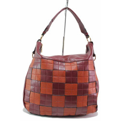 Дамска чанта тип торба, еко-кожа, двуцветна, шахматна декорация / ФР 8040 бордо