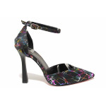 Атрактивни дамски сандали, сатнен, цветни линии, висок ток, елегантни / ТЯ 453-2 черен