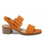 Стилни дамски сандали, естествен велур, ANTISHOKK ходило, среден ток / Caprice 9-28211-20 оранжев
