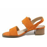 Стилни дамски сандали, естествен велур, ANTISHOKK ходило, среден ток / Caprice 9-28211-20 оранжев
