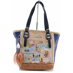 Дамска чанта тип торба, еко-кожа, цветен принт, декоративни пера / Anekke 36622-134 син