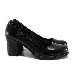Анатомични дамски обувки, естествена кожа-лак, висок ток, олекотени / МИ 171 черен лак