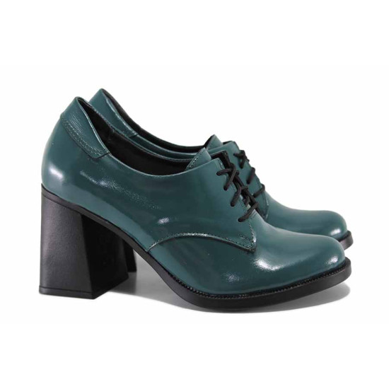 Анатомични дамски обувки на висок ток, български, естествена кожа-лак, леки / НЛ 384-23653 зелен лак