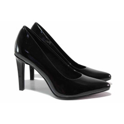 Елегантни дамски обувки, "мемори" пяна, еко кожа-лак, висок ток, олекотени / Marco Tozzi 2-22415-29 черен лак