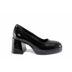 Анатомични дамски обувки, естествена лачена кожа, висок ток, деколте / НЛ 395-Janet черен лак
