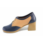 Ежедневни дамски обувки на среден ток, естествена кожа, връзки / НЛМ 360-22779 син мрежа антик