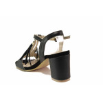 Стилни дамски сандали с облечен ток, декорация-пискюли, естествена кожа / Ани 62731 черен