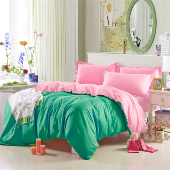 Двулицево спално бельо Зелено-Розово ранфорс