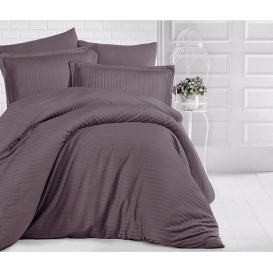 Едноцветно спално бельо на райе от 100% сатениран памук - Uni Brown от StyleZone