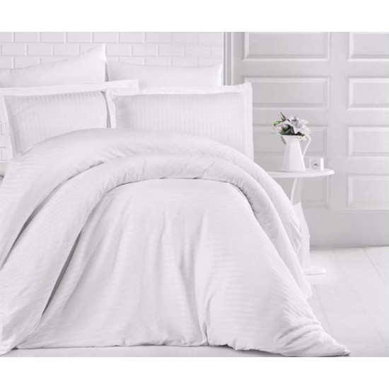 Едноцветно спално бельо на райе от 100% сатениран памук - Uni Beyaz от StyleZone