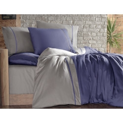 Двуцветно спално бельо на райета от сатениран памук - INDIGO BEJ от StyleZone