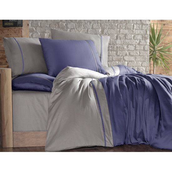 Двуцветно спално бельо на райета от сатениран памук - INDIGO BEJ от StyleZone
