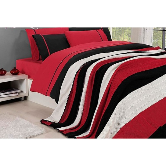 Спално бельо от 100% памук с плетено одеяло - RED STRIPES от StyleZone