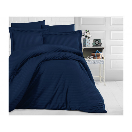 Едноцветно спално бельо на райе от 100% сатениран памук - DARK BLUE от StyleZone